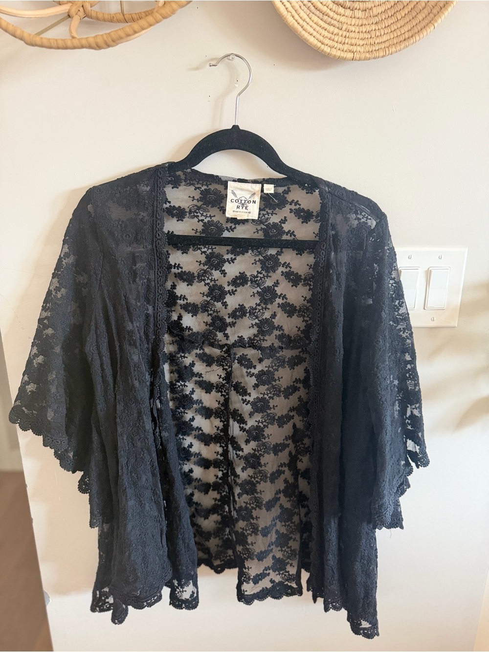 Cotton Rye Black Lace Kimono with Bell Sleeves